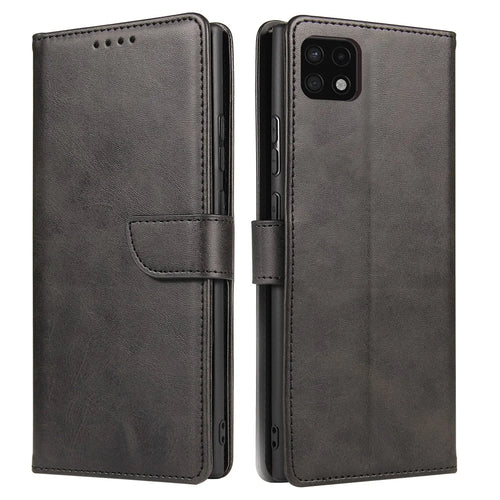 Textured Well-protected PU Leather + Soft TPU Phone Cover Dual-sided Magnetic Clasp Stand Case with Wallet for Samsung Galaxy A22 5G (EU Version) - Black - 1