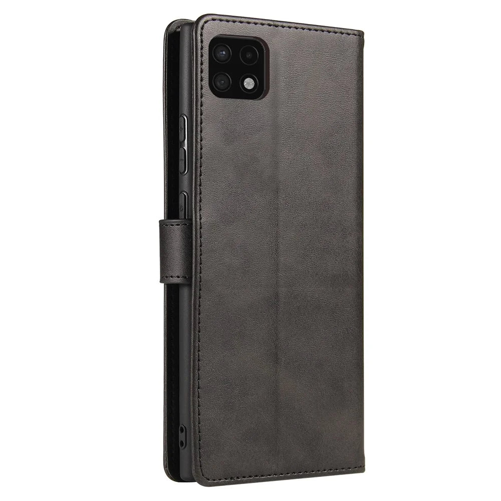 Textured Well-protected PU Leather + Soft TPU Phone Cover Dual-sided Magnetic Clasp Stand Case with Wallet for Samsung Galaxy A22 5G (EU Version) - Black - 3