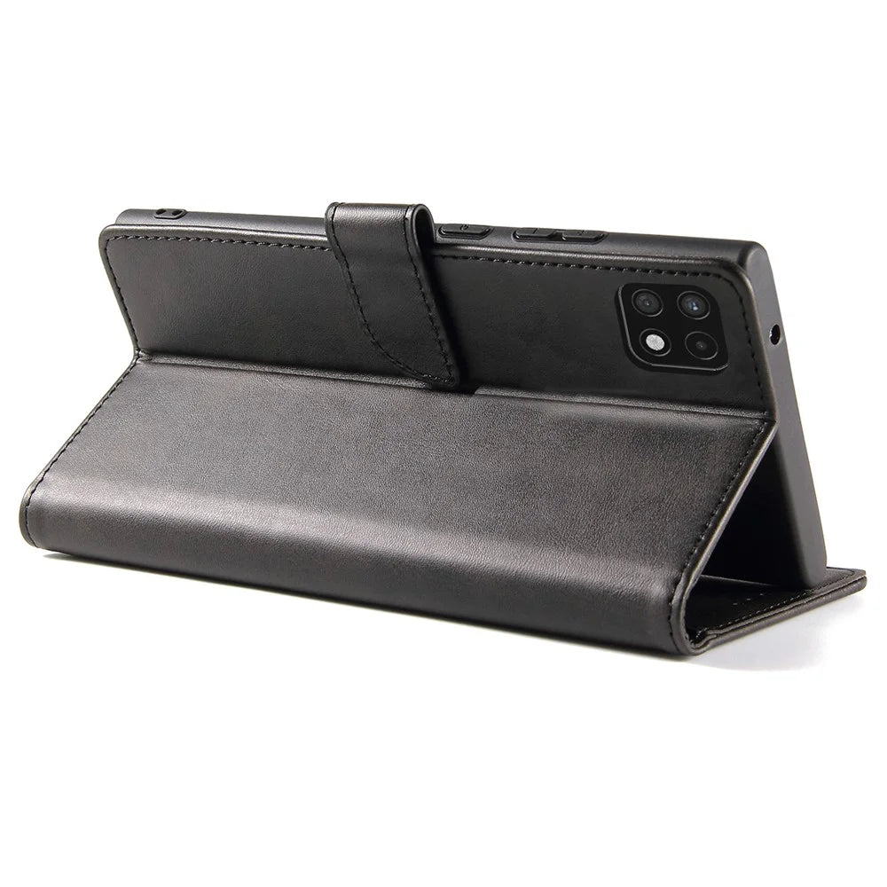 Textured Well-protected PU Leather + Soft TPU Phone Cover Dual-sided Magnetic Clasp Stand Case with Wallet for Samsung Galaxy A22 5G (EU Version) - Black - 4