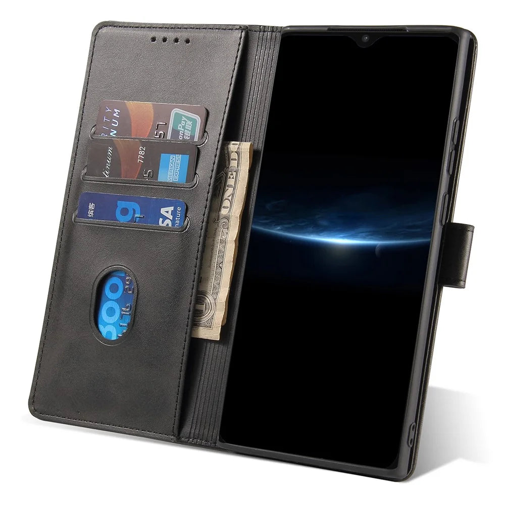 Textured Well-protected PU Leather + Soft TPU Phone Cover Dual-sided Magnetic Clasp Stand Case with Wallet for Samsung Galaxy A22 5G (EU Version) - Black - 5