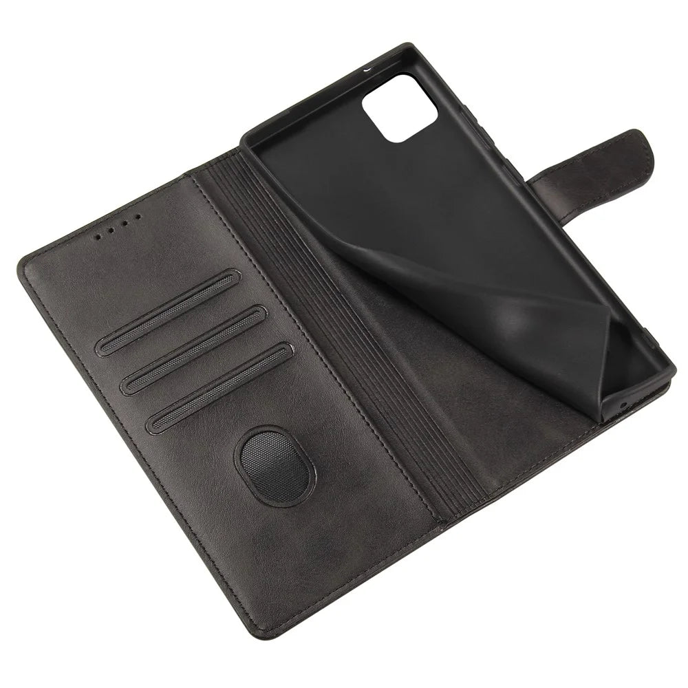 Textured Well-protected PU Leather + Soft TPU Phone Cover Dual-sided Magnetic Clasp Stand Case with Wallet for Samsung Galaxy A22 5G (EU Version) - Black - 6