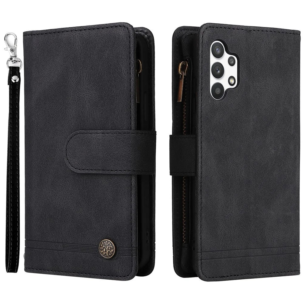 Stripes Imprinted Skin-touch Wallet Stand Leather Cover with Tree Pattern Hardware Card Slots Zipper Pocket Phone Case for Samsung Galaxy A32 4G (EU Version) - Black - 1