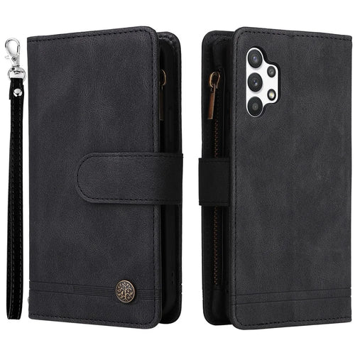 Stripes Imprinted Skin-touch Wallet Stand Leather Cover with Tree Pattern Hardware Card Slots Zipper Pocket Phone Case for Samsung Galaxy A32 4G (EU Version) - Black - 1