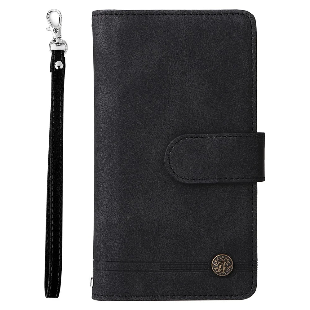 Stripes Imprinted Skin-touch Wallet Stand Leather Cover with Tree Pattern Hardware Card Slots Zipper Pocket Phone Case for Samsung Galaxy A32 4G (EU Version) - Black - 2