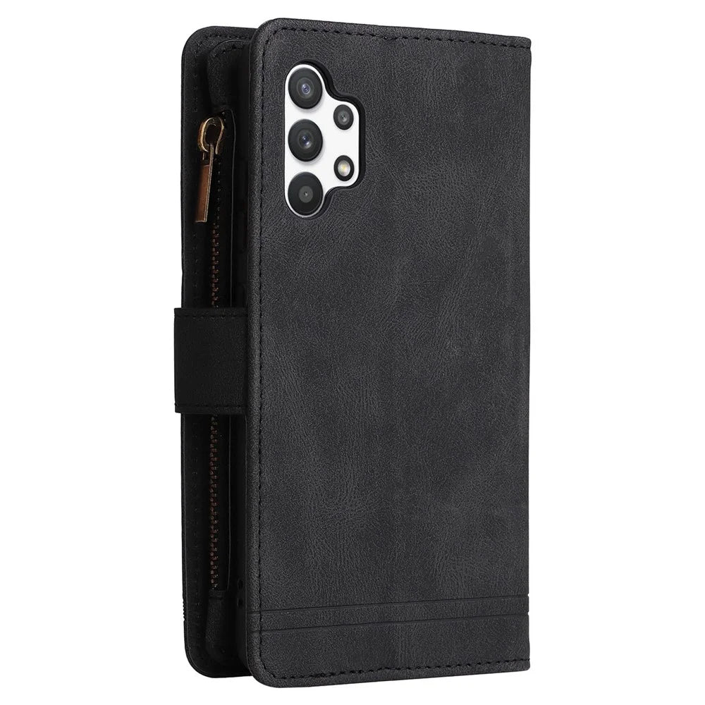 Stripes Imprinted Skin-touch Wallet Stand Leather Cover with Tree Pattern Hardware Card Slots Zipper Pocket Phone Case for Samsung Galaxy A32 4G (EU Version) - Black - 4