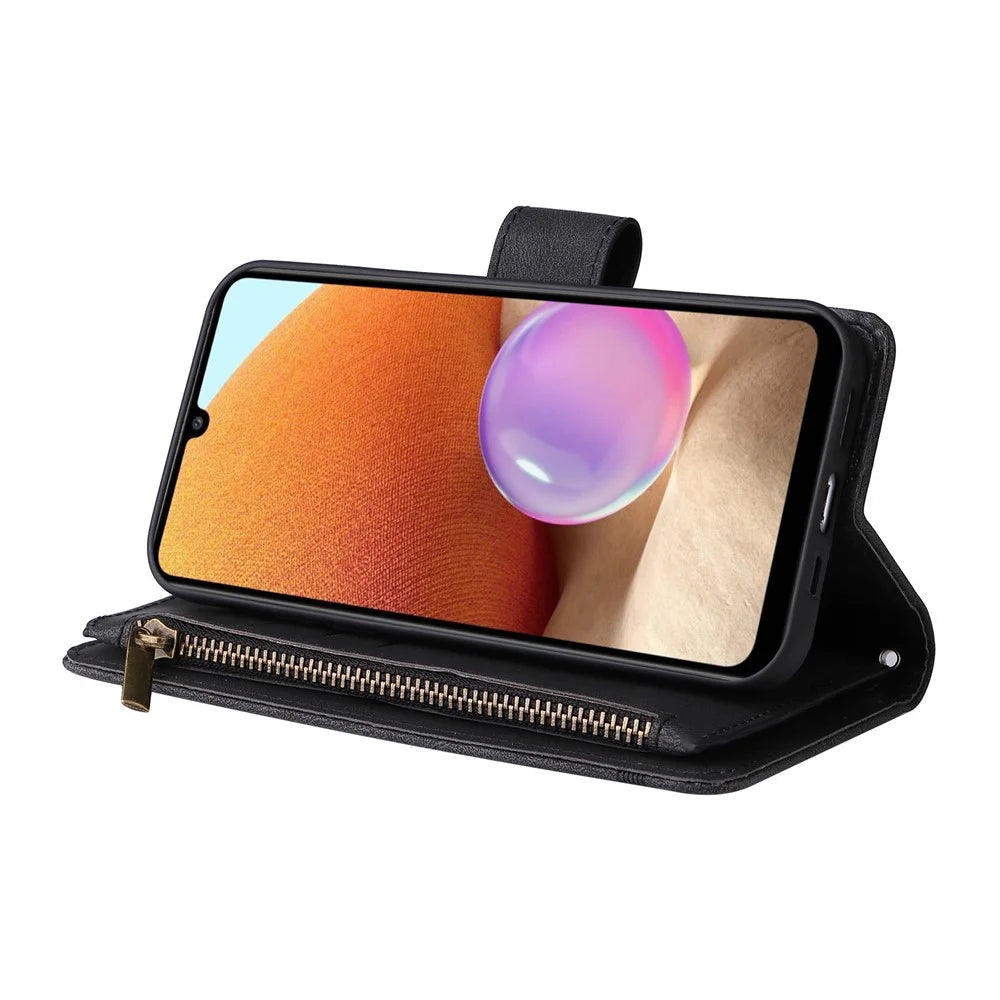 Stripes Imprinted Skin-touch Wallet Stand Leather Cover with Tree Pattern Hardware Card Slots Zipper Pocket Phone Case for Samsung Galaxy A32 4G (EU Version) - Black - 5