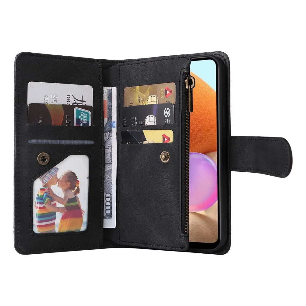 Stripes Imprinted Skin-touch Wallet Stand Leather Cover with Tree Pattern Hardware Card Slots Zipper Pocket Phone Case for Samsung Galaxy A32 4G (EU Version) - Black - 7