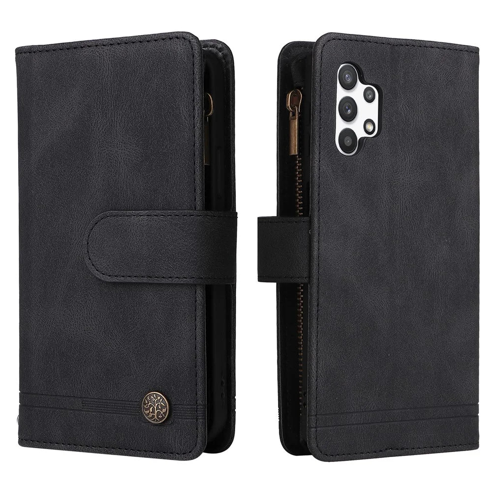 Stripes Imprinted Solid Color Skin-touch Wallet Stand Leather Cover Card Slots Phone Case with Zipper Pocket for Samsung Galaxy A32 5G/M32 5G - Black - 1