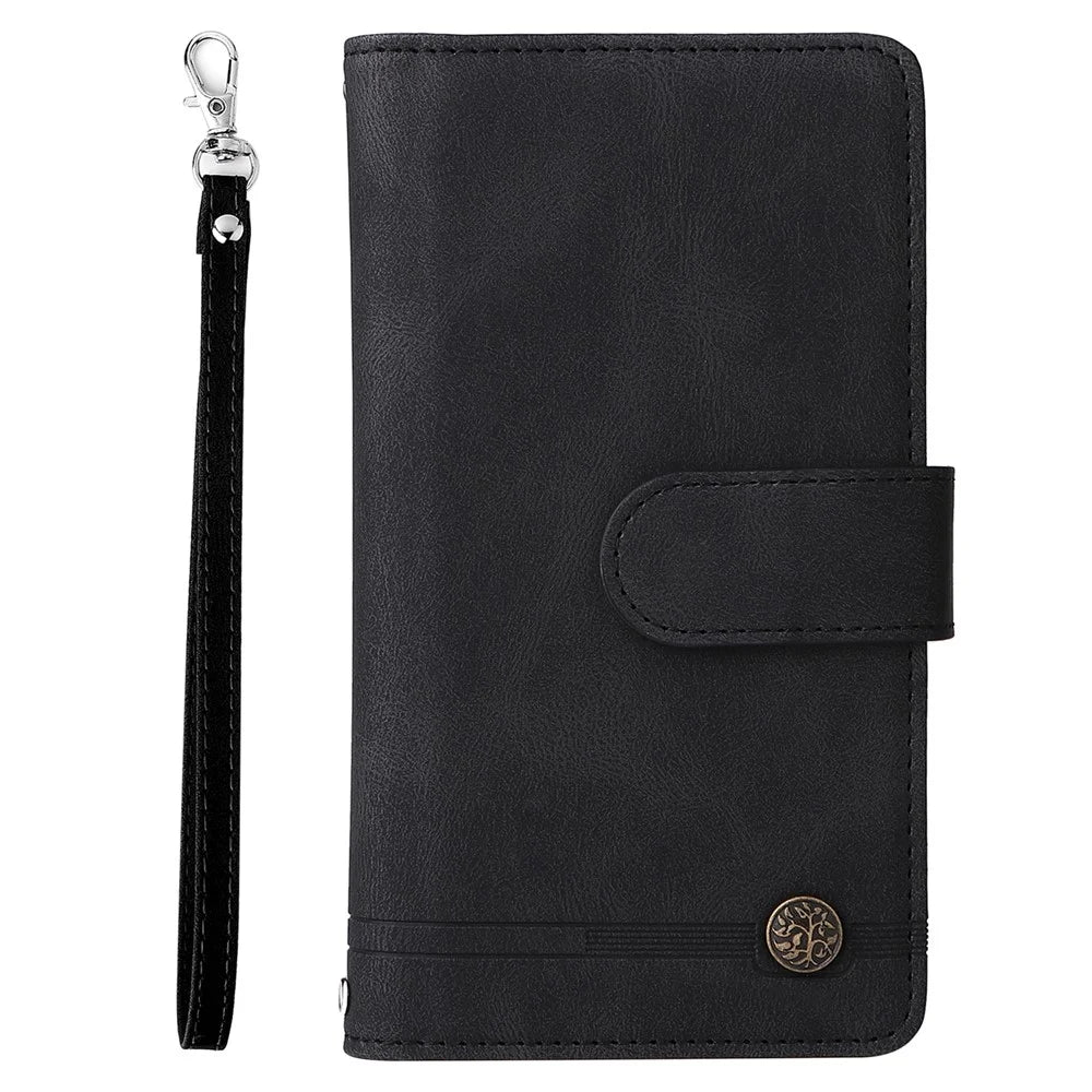 Stripes Imprinted Solid Color Skin-touch Wallet Stand Leather Cover Card Slots Phone Case with Zipper Pocket for Samsung Galaxy A32 5G/M32 5G - Black - 2