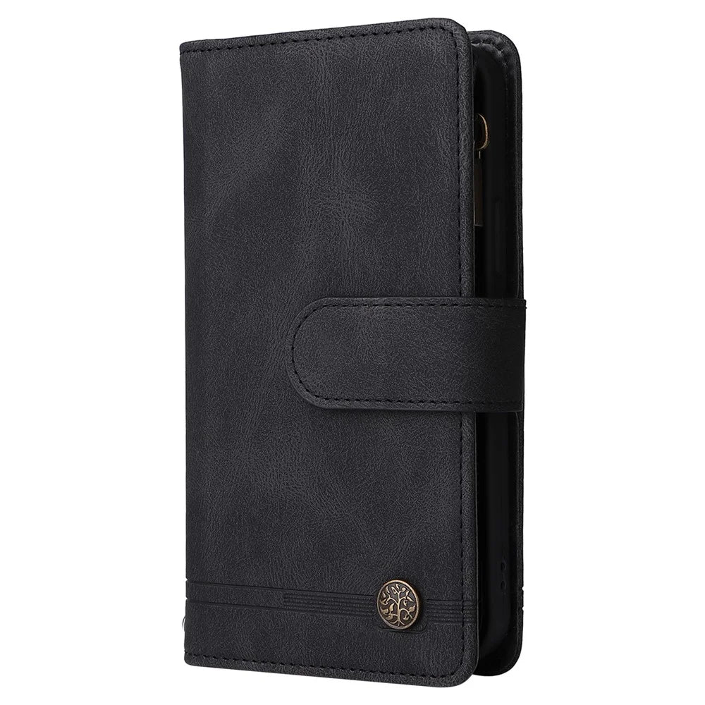 Stripes Imprinted Solid Color Skin-touch Wallet Stand Leather Cover Card Slots Phone Case with Zipper Pocket for Samsung Galaxy A32 5G/M32 5G - Black - 3