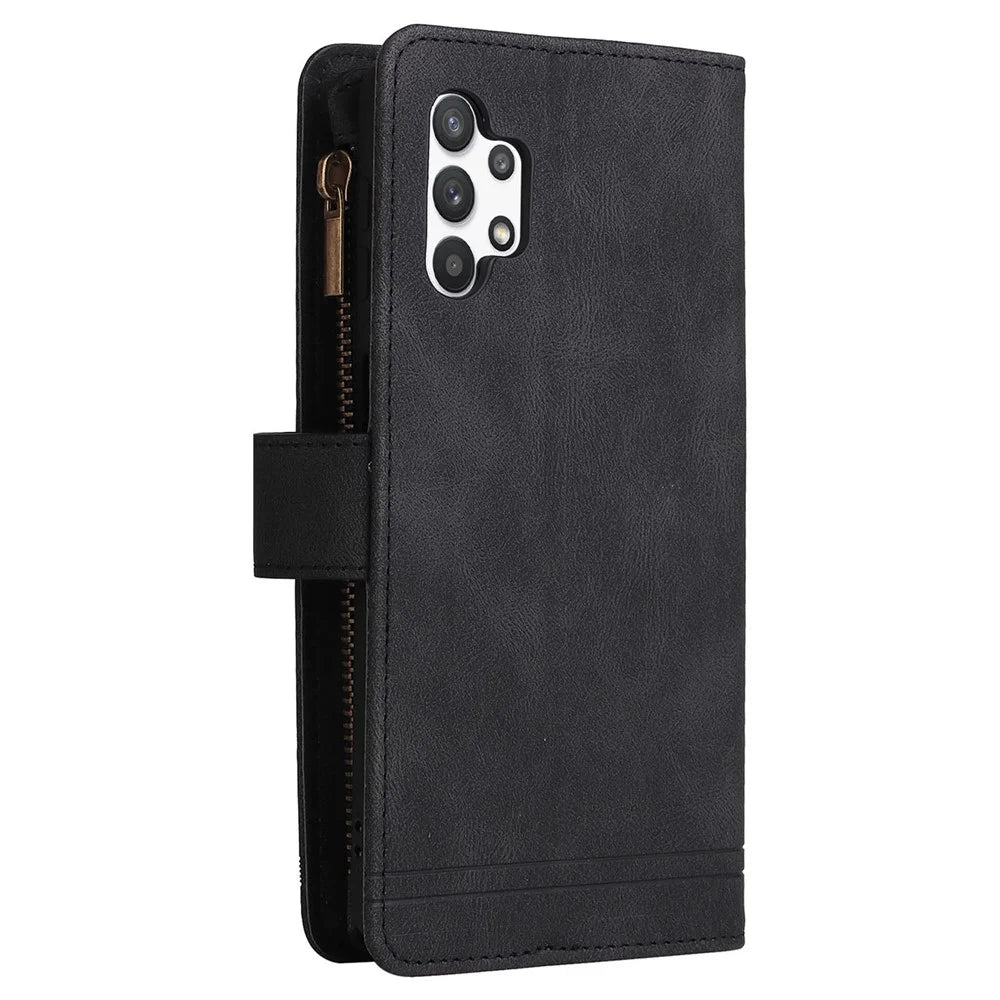 Stripes Imprinted Solid Color Skin-touch Wallet Stand Leather Cover Card Slots Phone Case with Zipper Pocket for Samsung Galaxy A32 5G/M32 5G - Black - 4