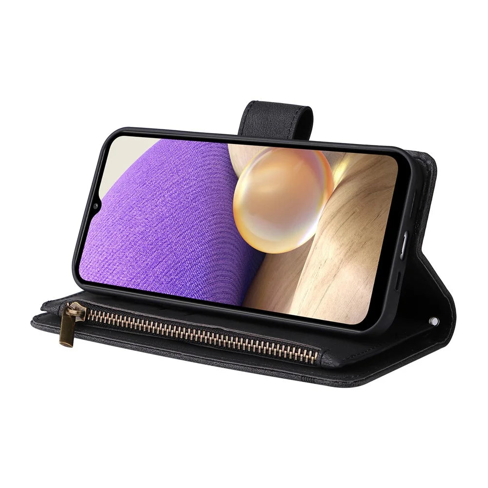Stripes Imprinted Solid Color Skin-touch Wallet Stand Leather Cover Card Slots Phone Case with Zipper Pocket for Samsung Galaxy A32 5G/M32 5G - Black - 5