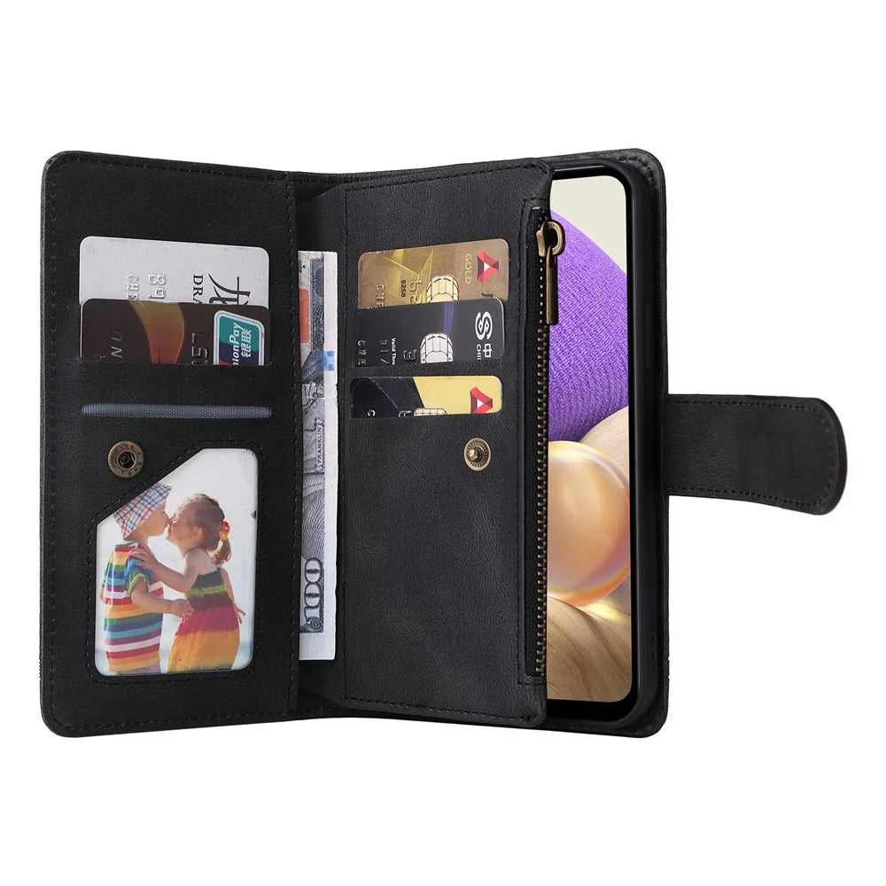 Stripes Imprinted Solid Color Skin-touch Wallet Stand Leather Cover Card Slots Phone Case with Zipper Pocket for Samsung Galaxy A32 5G/M32 5G - Black - 7