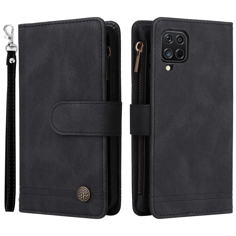 Stripes Imprinted Skin-touch Wallet Stand Leather Cover Card Slots Well-protected Phone Case with Zipper Pocket for Samsung Galaxy A12 - Black - 1