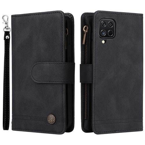 Stripes Imprinted Skin-touch Wallet Stand Leather Cover Card Slots Well-protected Phone Case with Zipper Pocket for Samsung Galaxy A12 - Black - 1