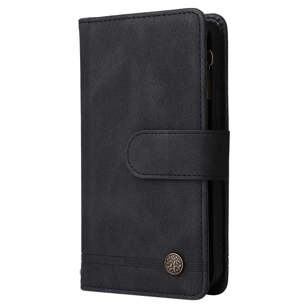 Stripes Imprinted Skin-touch Wallet Stand Leather Cover Card Slots Well-protected Phone Case with Zipper Pocket for Samsung Galaxy A12 - Black - 3