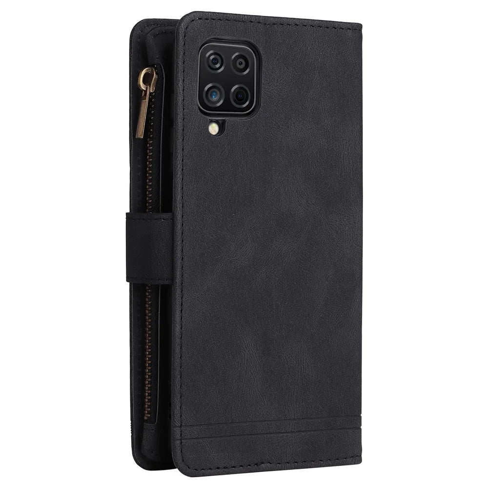 Stripes Imprinted Skin-touch Wallet Stand Leather Cover Card Slots Well-protected Phone Case with Zipper Pocket for Samsung Galaxy A12 - Black - 4
