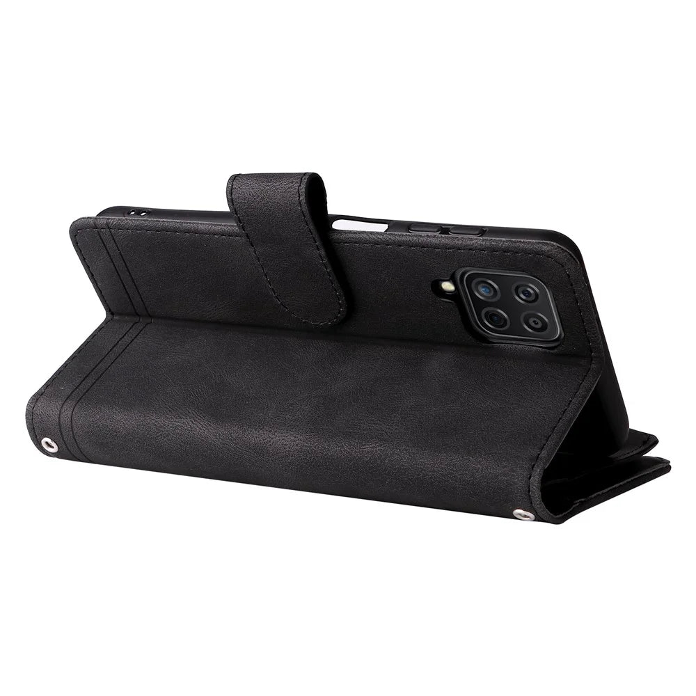 Stripes Imprinted Skin-touch Wallet Stand Leather Cover Card Slots Well-protected Phone Case with Zipper Pocket for Samsung Galaxy A12 - Black - 6