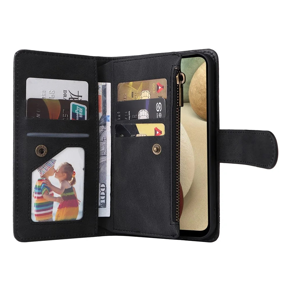 Stripes Imprinted Skin-touch Wallet Stand Leather Cover Card Slots Well-protected Phone Case with Zipper Pocket for Samsung Galaxy A12 - Black - 7