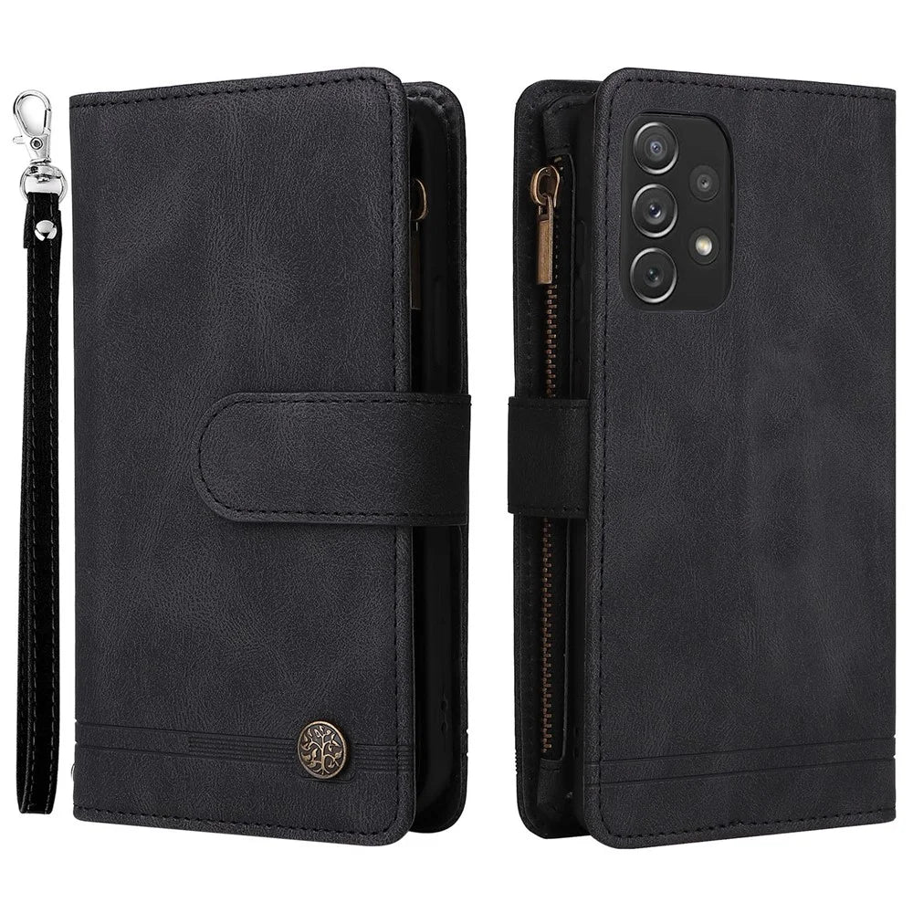 Stripes Imprinted Skin-touch Wallet Stand All-round Shockproof Leather Cover Card Slots Phone Case with Zipper Pocket for Samsung Galaxy A72 4G/5G - Black - 1