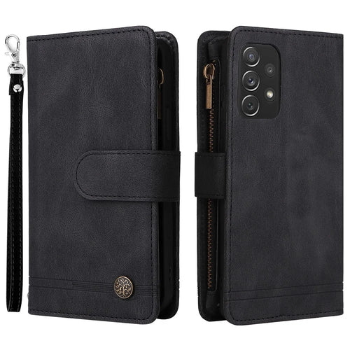 Stripes Imprinted Skin-touch Wallet Stand All-round Shockproof Leather Cover Card Slots Phone Case with Zipper Pocket for Samsung Galaxy A72 4G/5G - Black - 1