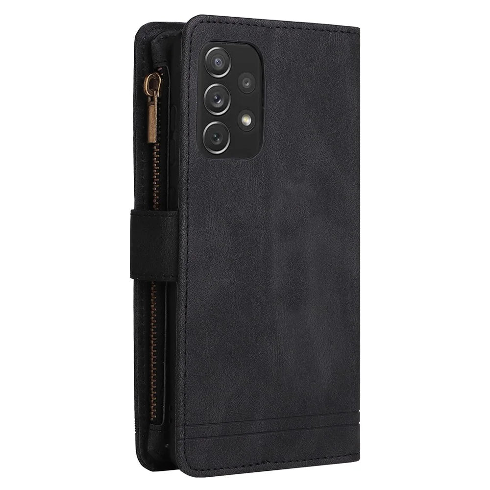 Stripes Imprinted Skin-touch Wallet Stand All-round Shockproof Leather Cover Card Slots Phone Case with Zipper Pocket for Samsung Galaxy A72 4G/5G - Black - 4