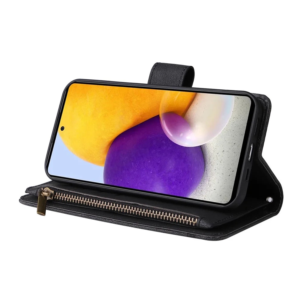 Stripes Imprinted Skin-touch Wallet Stand All-round Shockproof Leather Cover Card Slots Phone Case with Zipper Pocket for Samsung Galaxy A72 4G/5G - Black - 5