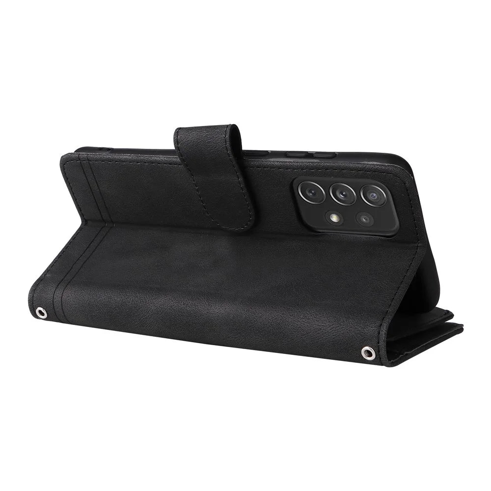 Stripes Imprinted Skin-touch Wallet Stand All-round Shockproof Leather Cover Card Slots Phone Case with Zipper Pocket for Samsung Galaxy A72 4G/5G - Black - 6