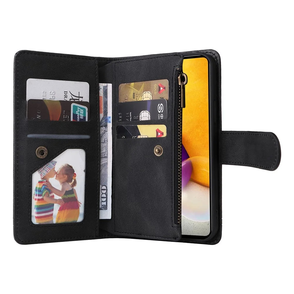 Stripes Imprinted Skin-touch Wallet Stand All-round Shockproof Leather Cover Card Slots Phone Case with Zipper Pocket for Samsung Galaxy A72 4G/5G - Black - 7