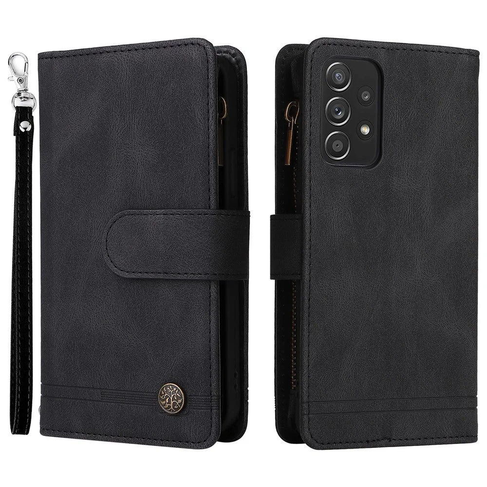 Scratch-proof Stripes Imprinted Skin-touch Wallet Stand Leather Cover Card Slots Phone Case with Zipper Pocket for Samsung Galaxy A52 4G/5G/A52s 5G - Black - 1