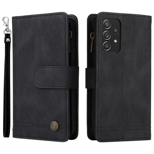 Scratch-proof Stripes Imprinted Skin-touch Wallet Stand Leather Cover Card Slots Phone Case with Zipper Pocket for Samsung Galaxy A52 4G/5G/A52s 5G - Black - 1
