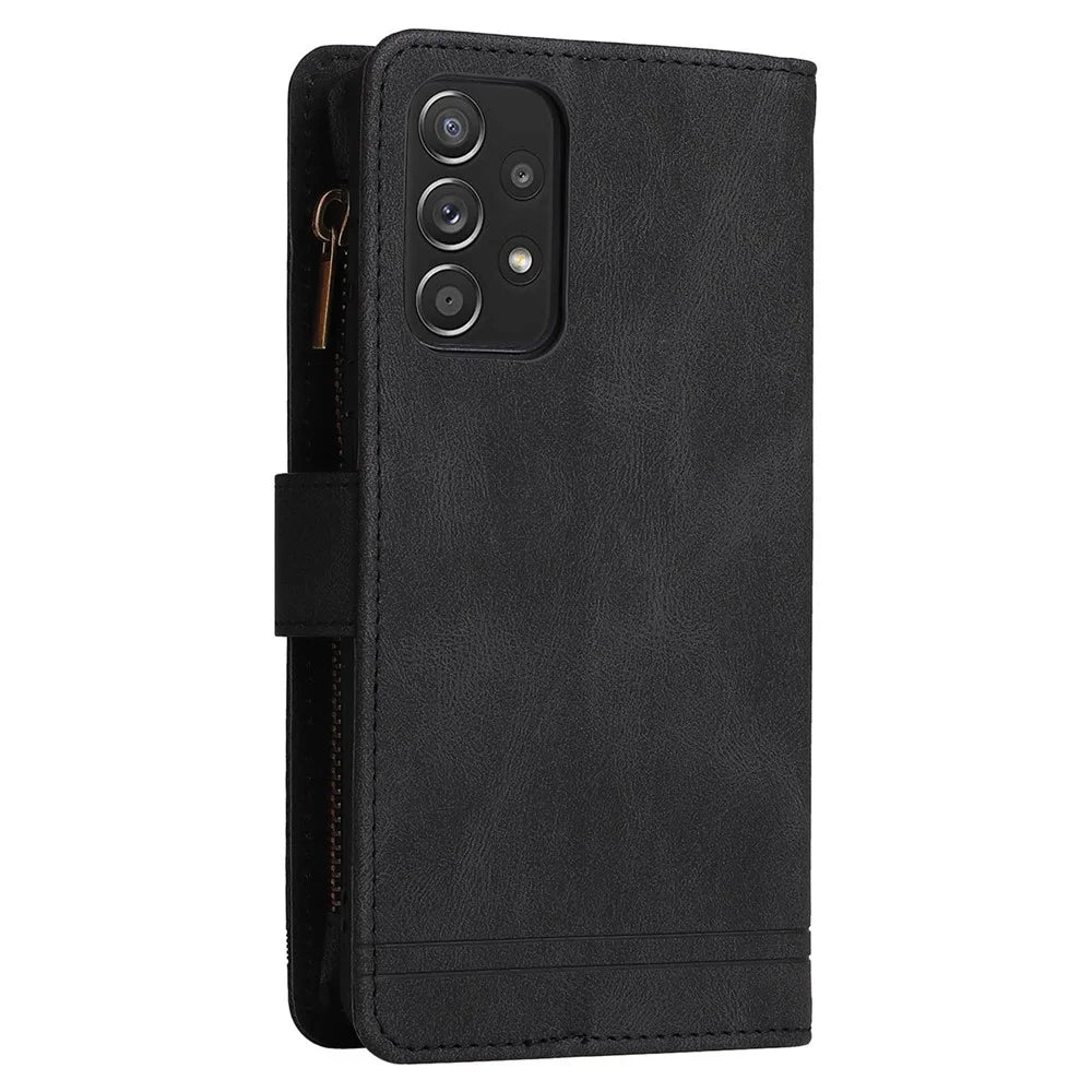 Scratch-proof Stripes Imprinted Skin-touch Wallet Stand Leather Cover Card Slots Phone Case with Zipper Pocket for Samsung Galaxy A52 4G/5G/A52s 5G - Black - 4