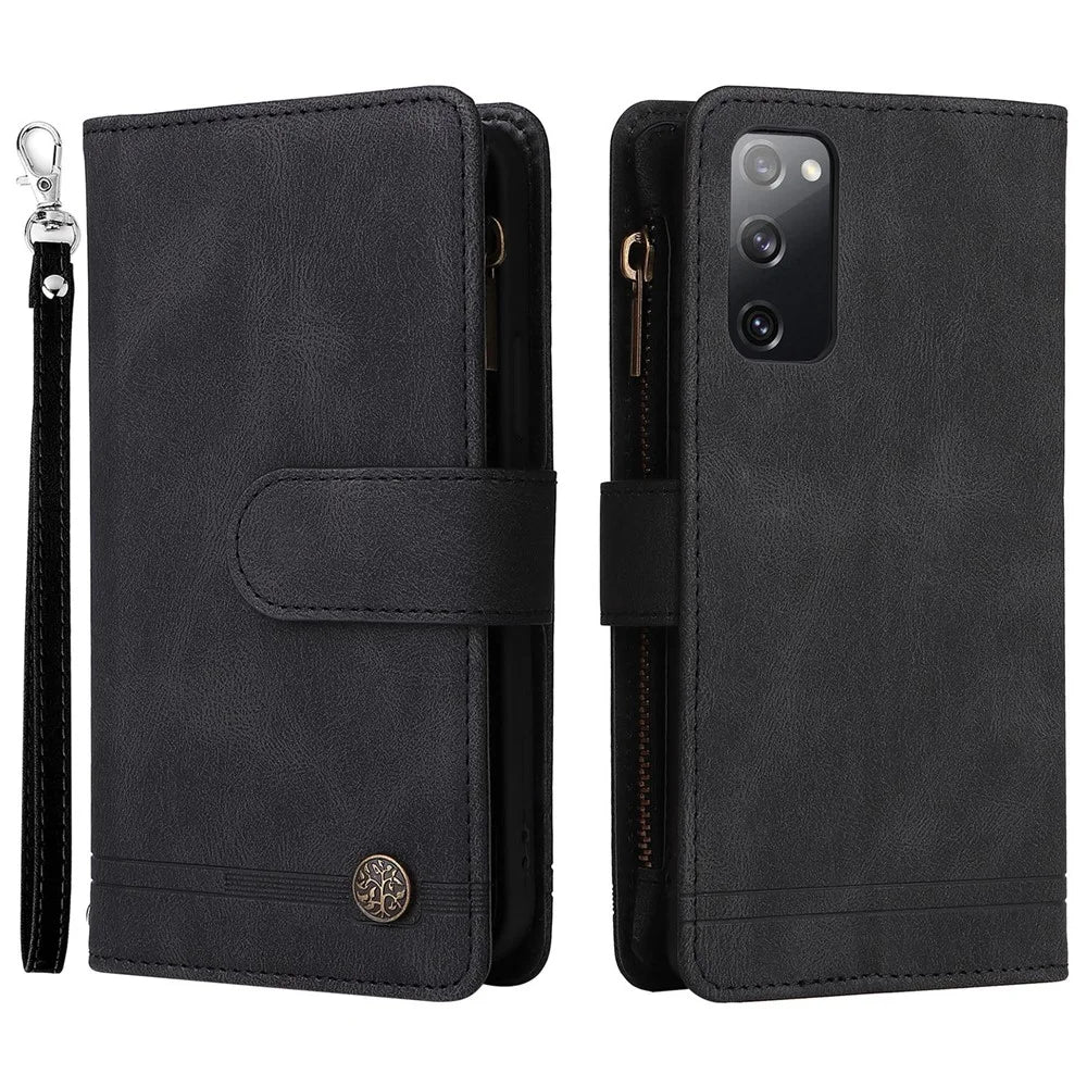 Full Protection Stripes Imprinted Skin-touch Wallet Stand Leather Cover Card Slots Phone Case with Zipper Pocket for Samsung Galaxy S20 FE 2022/S20 FE/S20 FE 5G/S20 Lite - Black - 1