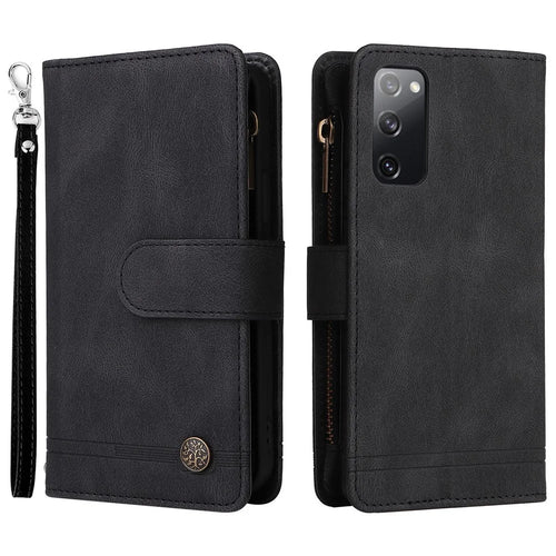 Full Protection Stripes Imprinted Skin-touch Wallet Stand Leather Cover Card Slots Phone Case with Zipper Pocket for Samsung Galaxy S20 FE 2022/S20 FE/S20 FE 5G/S20 Lite - Black - 1
