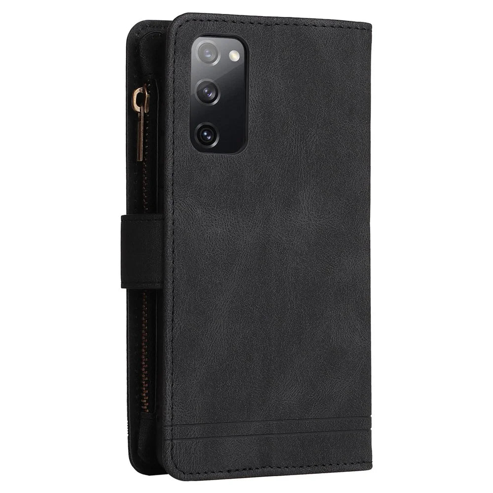 Full Protection Stripes Imprinted Skin-touch Wallet Stand Leather Cover Card Slots Phone Case with Zipper Pocket for Samsung Galaxy S20 FE 2022/S20 FE/S20 FE 5G/S20 Lite - Black - 4