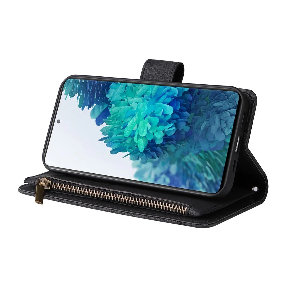 Full Protection Stripes Imprinted Skin-touch Wallet Stand Leather Cover Card Slots Phone Case with Zipper Pocket for Samsung Galaxy S20 FE 2022/S20 FE/S20 FE 5G/S20 Lite - Black - 5
