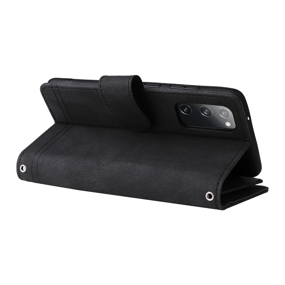 Full Protection Stripes Imprinted Skin-touch Wallet Stand Leather Cover Card Slots Phone Case with Zipper Pocket for Samsung Galaxy S20 FE 2022/S20 FE/S20 FE 5G/S20 Lite - Black - 6