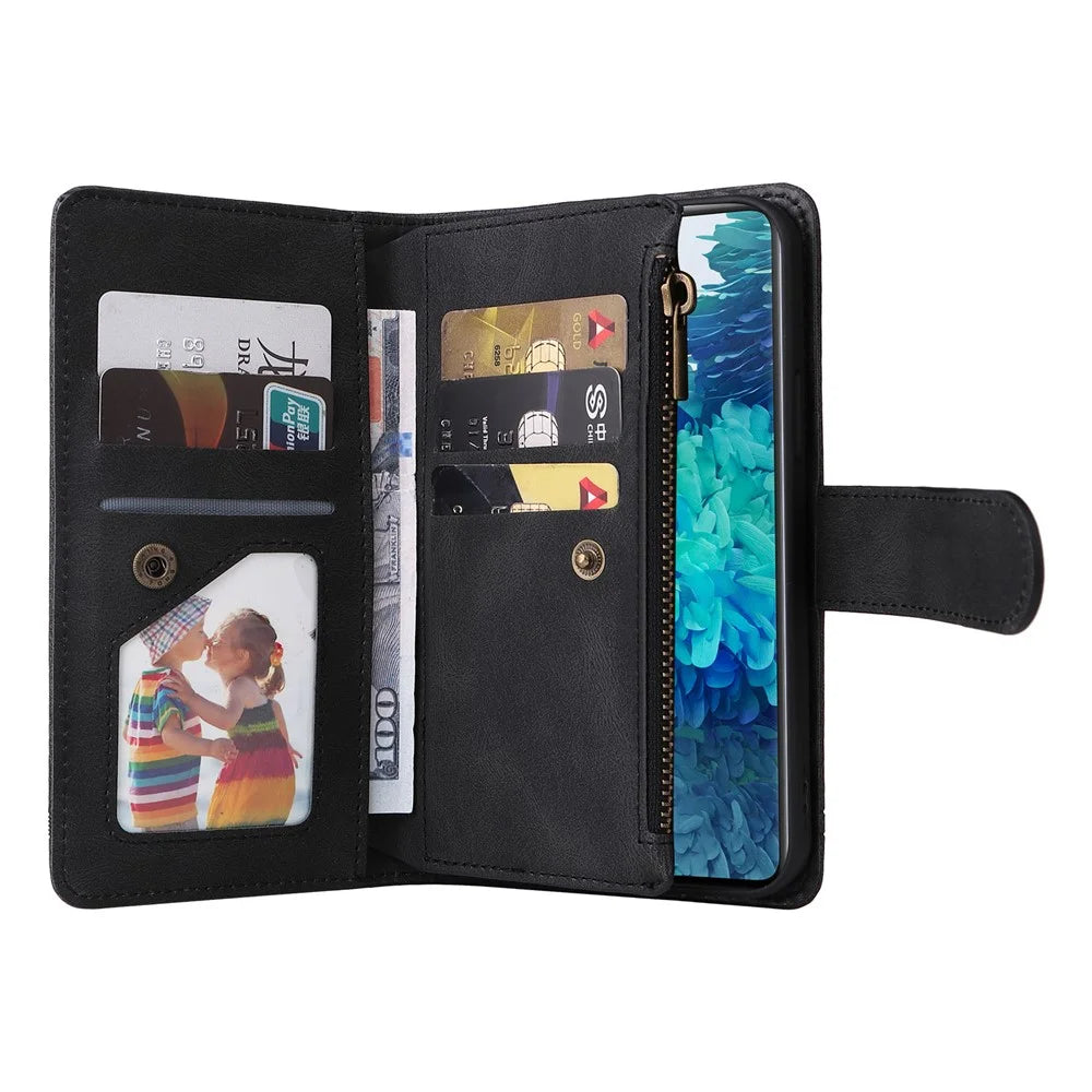 Full Protection Stripes Imprinted Skin-touch Wallet Stand Leather Cover Card Slots Phone Case with Zipper Pocket for Samsung Galaxy S20 FE 2022/S20 FE/S20 FE 5G/S20 Lite - Black - 7