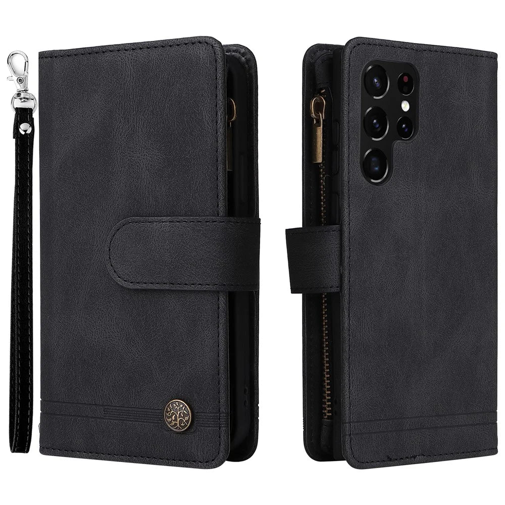 Imprinting Stripes PU Leather Shockproof Phone Cover Zipper Pocket Multiple Card Slots Protective Case for Samsung Galaxy S22 Ultra 5G - Black - 1