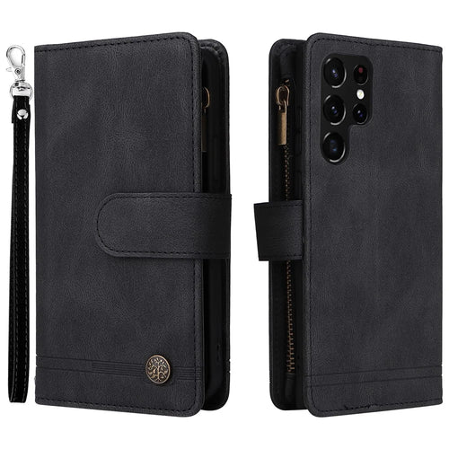 Imprinting Stripes PU Leather Shockproof Phone Cover Zipper Pocket Multiple Card Slots Protective Case for Samsung Galaxy S22 Ultra 5G - Black - 1
