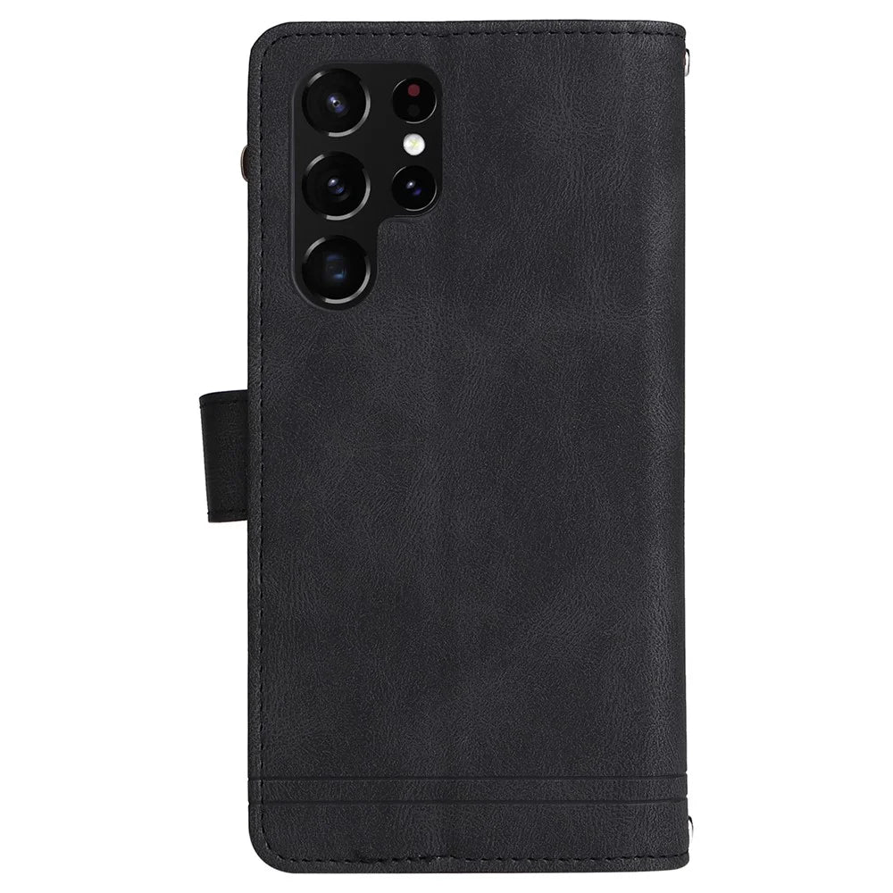 Imprinting Stripes PU Leather Shockproof Phone Cover Zipper Pocket Multiple Card Slots Protective Case for Samsung Galaxy S22 Ultra 5G - Black - 3