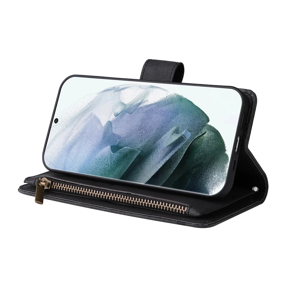 Imprinting Stripes PU Leather Shockproof Phone Cover Zipper Pocket Multiple Card Slots Protective Case for Samsung Galaxy S22 Ultra 5G - Black - 4