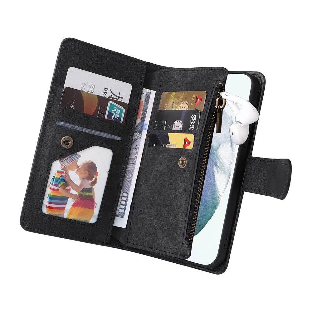 Imprinting Stripes PU Leather Shockproof Phone Cover Zipper Pocket Multiple Card Slots Protective Case for Samsung Galaxy S22 Ultra 5G - Black - 7