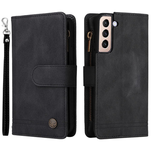 Stripes Imprinted Skin-touch Wallet Stand Leather Cover Card Slots Phone Case with Zipper Pocket for Samsung Galaxy S22 5G - Black - 1