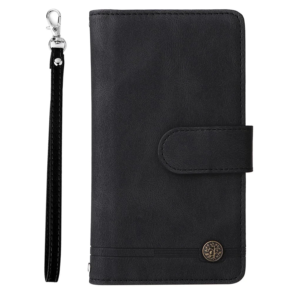Stripes Imprinted Skin-touch Wallet Stand Leather Cover Card Slots Phone Case with Zipper Pocket for Samsung Galaxy S22 5G - Black - 2