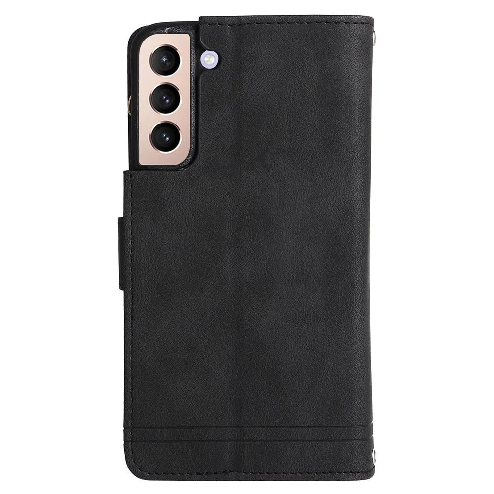 Stripes Imprinted Skin-touch Wallet Stand Leather Cover Card Slots Phone Case with Zipper Pocket for Samsung Galaxy S22 5G - Black - 3