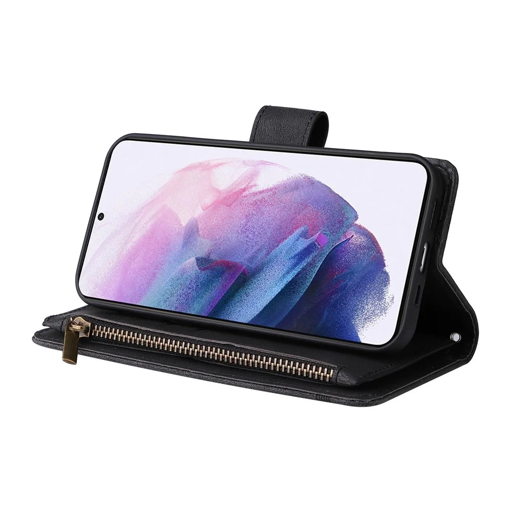 Stripes Imprinted Skin-touch Wallet Stand Leather Cover Card Slots Phone Case with Zipper Pocket for Samsung Galaxy S22 5G - Black - 4