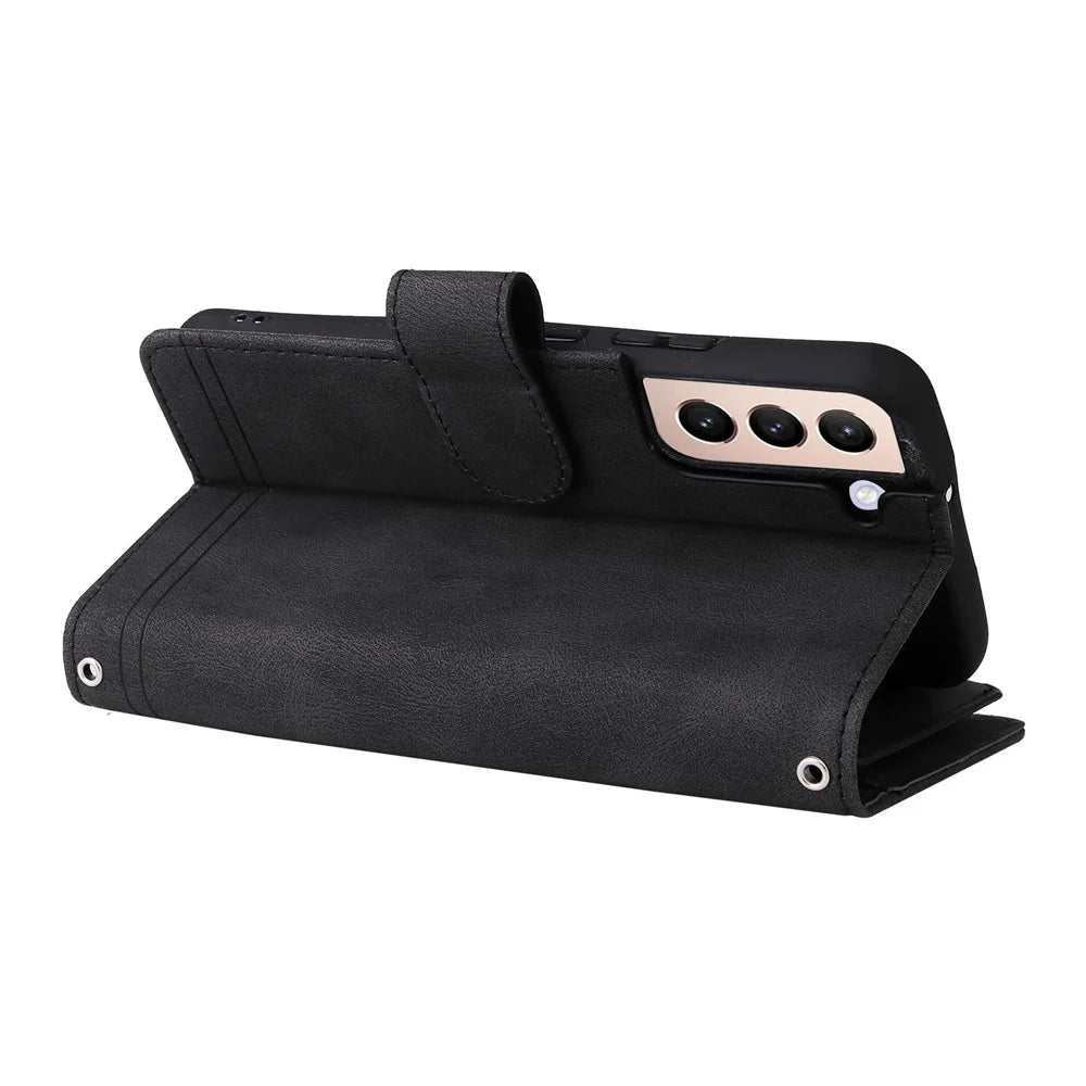 Stripes Imprinted Skin-touch Wallet Stand Leather Cover Card Slots Phone Case with Zipper Pocket for Samsung Galaxy S22 5G - Black - 5
