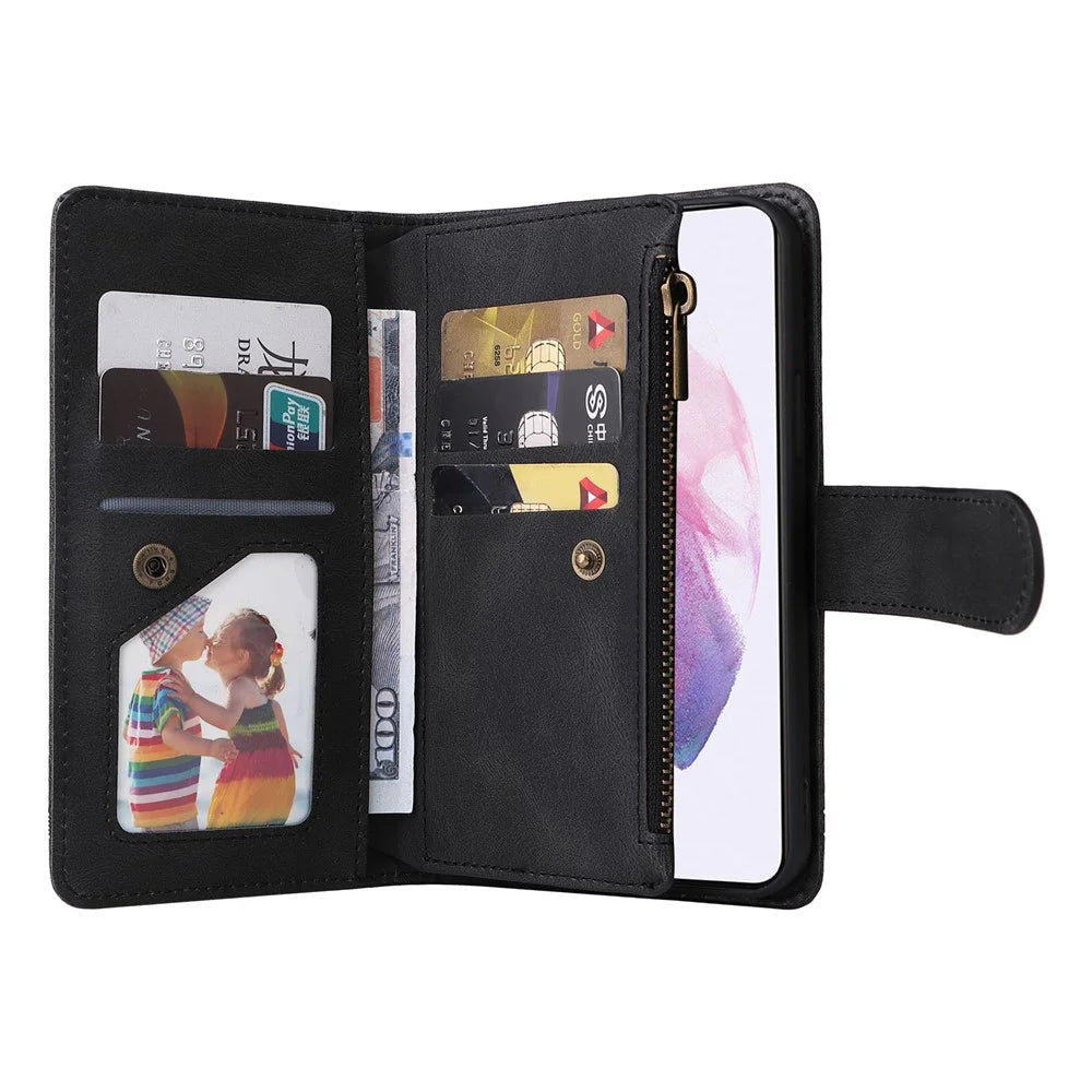 Stripes Imprinted Skin-touch Wallet Stand Leather Cover Card Slots Phone Case with Zipper Pocket for Samsung Galaxy S22 5G - Black - 6