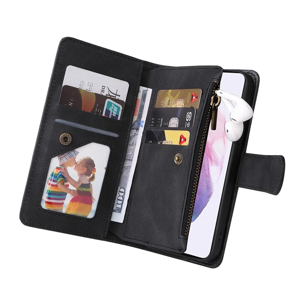 Stripes Imprinted Skin-touch Wallet Stand Leather Cover Card Slots Phone Case with Zipper Pocket for Samsung Galaxy S22 5G - Black - 7